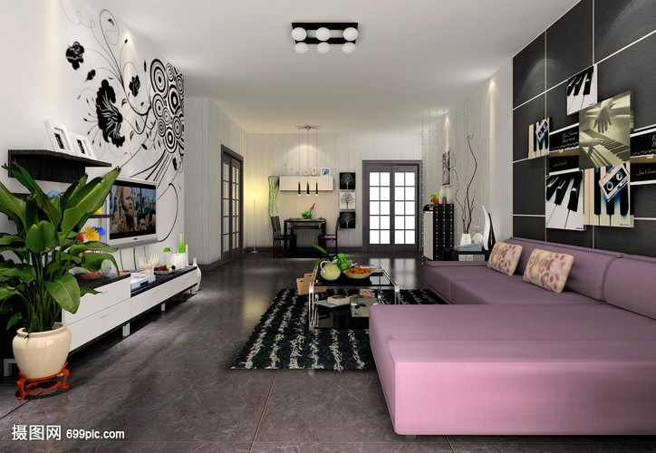 现代黑白灰风格客厅效果图